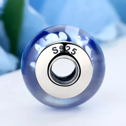 Charms Typu Pandora Niebieskie Szkła Murano Białe Kwiaty - SCZ006