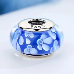 Charms Typu Pandora Niebieskie Szkła Murano Białe Kwiaty - SCZ006