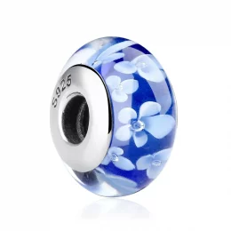 Charms Typu Pandora Niebieskie Szkła Murano Białe Kwiaty - SCZ006