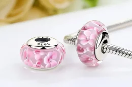 Charms Typu Pandora Szkło Murano w różowe kwiaty - SCZ008